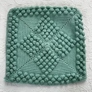 Handmade Crochet Knit Pom Pom Pillow Cover Retro Granny Mint Green 16"x16"